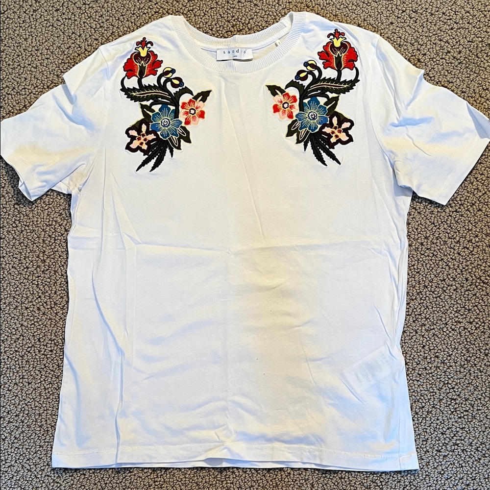 Sandro White Tee with Colorful Floral Embroidery